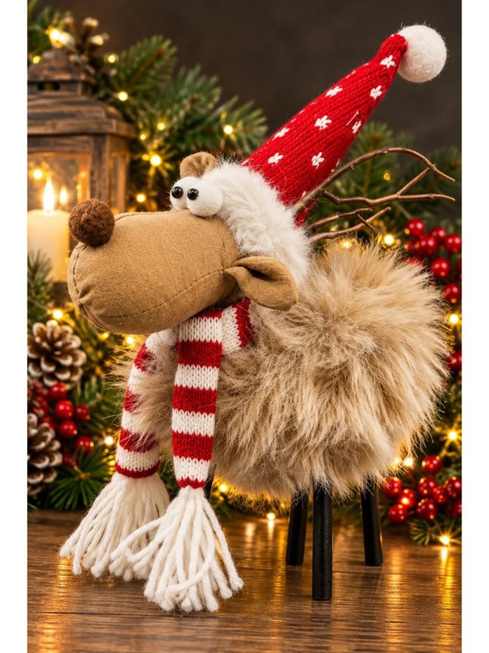 Whimsical Christmas Moose Fuzzy Body Skinny Legs Santa Hat Table Decor 9"
